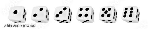 Realistic 3d casino rolling dice showing numbers one to six. Board game cubes playing variants. Gambling dice roll, craps throw vector set
