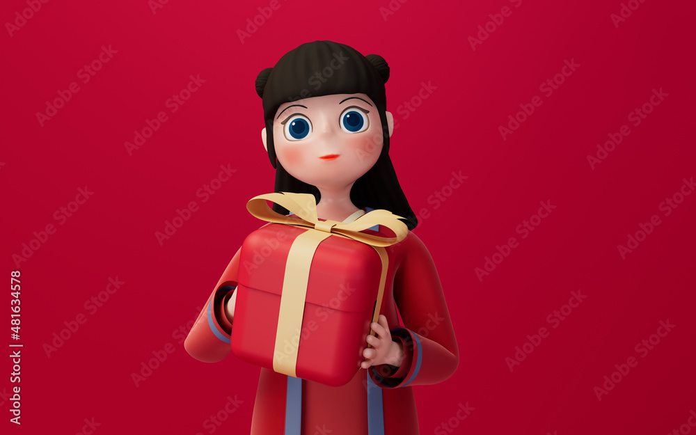 A Chinese girl and gifts with red background, 3d rendering. A Chinese girl and gifts with red background, 3d rendering.