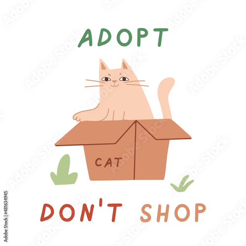 Cat in box. Cute illustration with cat sitting in cardboard box. Adopt homeless pet, vector banner, poster, print. Adopt a friend. Animal care, adoption concept. Help homeless animals find a home.