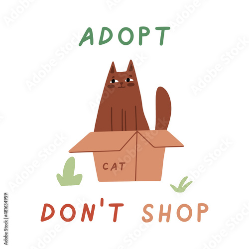 Cat in box. Cute illustration with cat sitting in cardboard box. Adopt homeless pet, vector banner, poster, print. Adopt a friend. Animal care, adoption concept. Help homeless animals find a home.