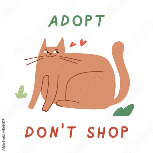Cat in box. Cute illustration with cat sitting in cardboard box. Adopt homeless pet, vector banner, poster, print. Adopt a friend. Animal care, adoption concept. Help homeless animals find a home.
