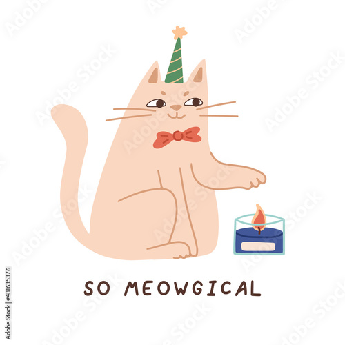 Cat and candle happy birthday or halloween celebration. A cat in a magician's cap sits and holds a paw on a flame. Magic poster or print. Flat vector cartoon illustration