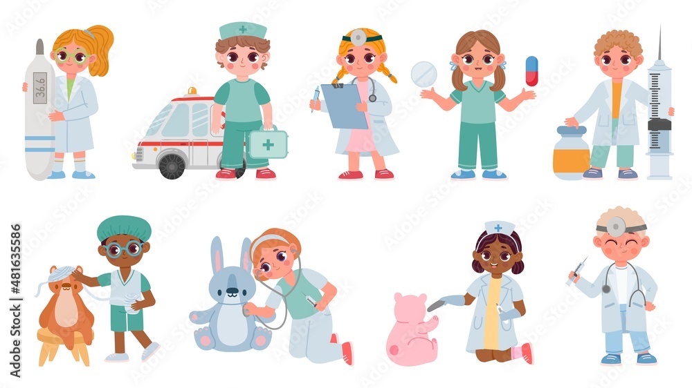 Cartoon kids doctors and nurses play and treat toys. Boys and girls medical characters with stethoscope, thermometer and pills vector set