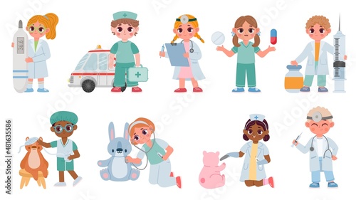 Cartoon kids doctors and nurses play and treat toys. Boys and girls medical characters with stethoscope, thermometer and pills vector set