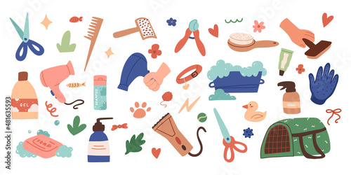 Set of pet grooming tools, accessories. Cat care, grooming. Beauty salon, vets, pet shop for domestic Flat vector illustration for banner, sticker and greeting card