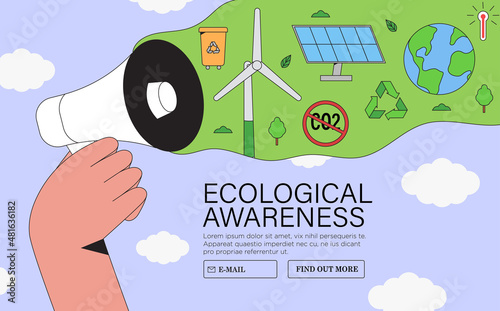 Eco-friendly human hand hold loudspeaker. Saving our Earth planet, protecting and caring about environment. Ecology awareness and sustainability web banner, poster, placard. Vector illustration.