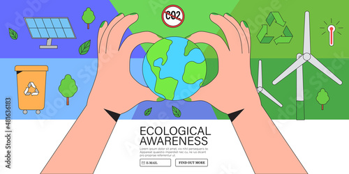 Eco-friendly people hand hold Earth globe, saving planet, protecting and caring about environment. Concept of ecology awareness and sustainability web banner, poster, placard. Vector illustration.