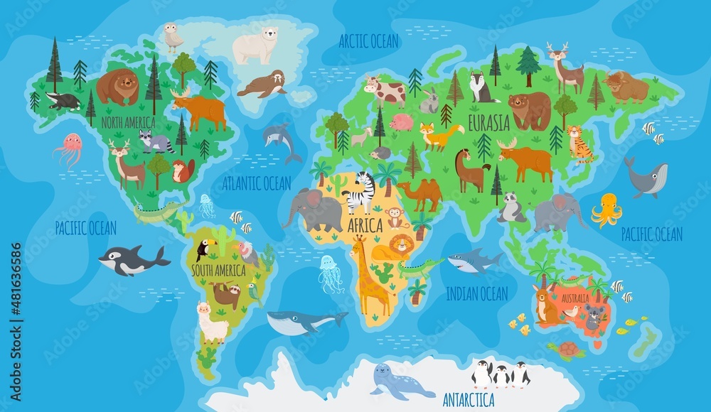 Fototapeta premium .Cartoon world map for kids nursery with forest animals. Children geography education with europe, asia, australia and america vector poster