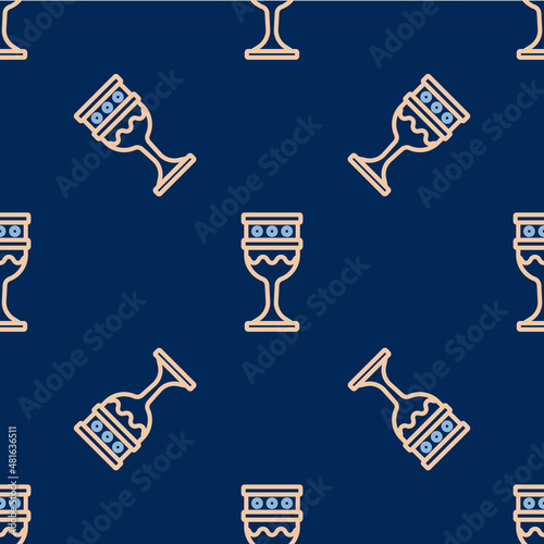 Line Medieval goblet icon isolated seamless pattern on blue background. Holy grail. Vector