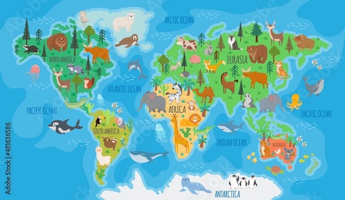 .Cartoon world map for kids nursery with forest animals. Children geography education with europe, asia, australia and america vector poster © Tartila
