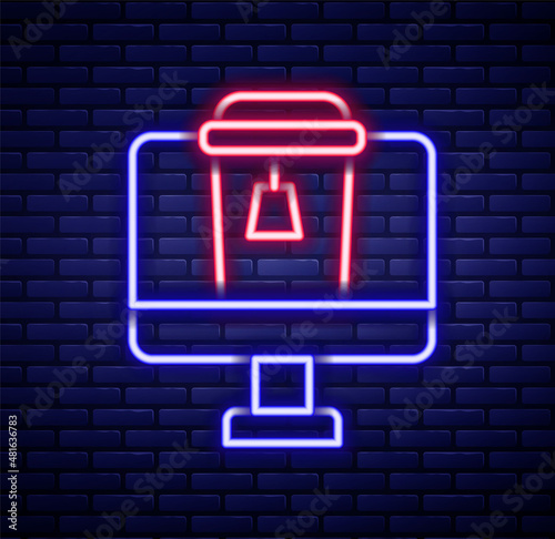 Glowing neon line Online ordering and fast food delivery icon isolated on brick wall background. Colorful outline concept. Vector