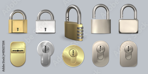Realistic modern metal and golden safe locks and door keyholes. 3d code padlock with number combination. Secure key hole and lock vector set