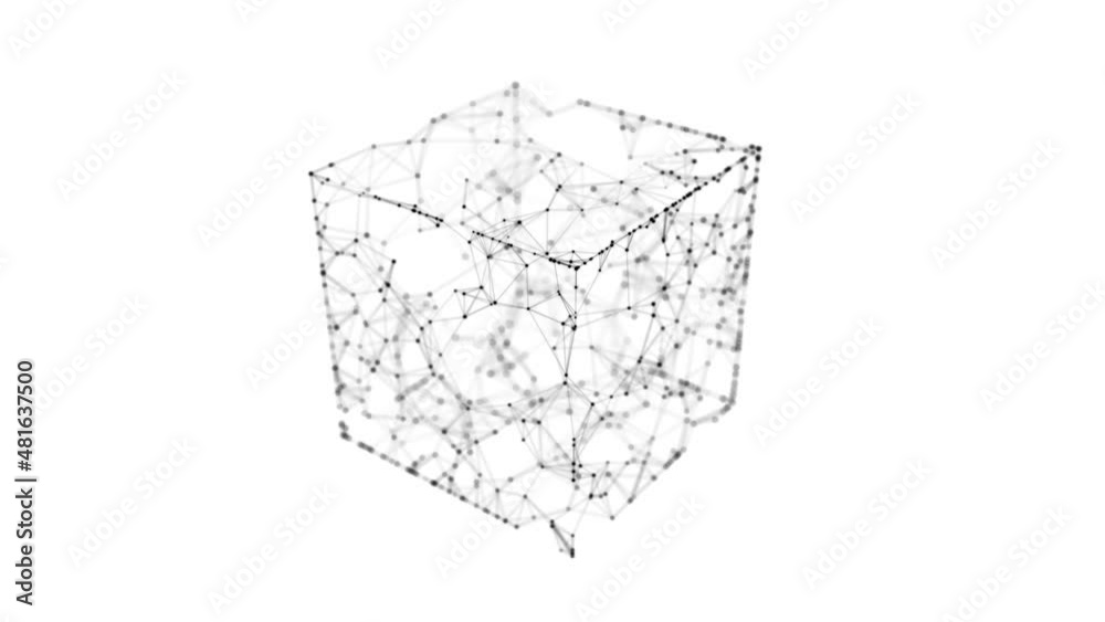 Abstract wireframe cube. Digital blockchain concept. Futuristic white background with dots and lines. 3D rendering.