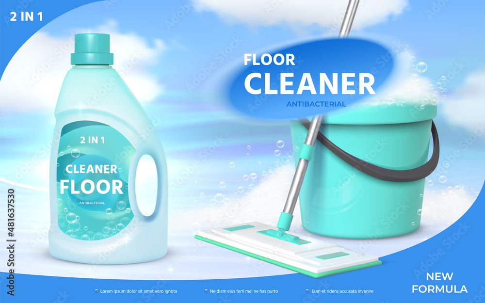 Floor cleaning product poster with realistic mop and bucket with foam.  Surface cleaner bottle with bubbles, floor detergent ad vector design Stock  Vector | Adobe Stock