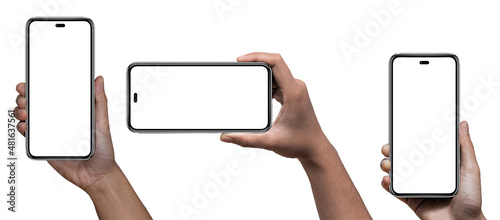 Hand holding, New version of black slim smartphone similar to iphone x with blank white screen from Apple generation 10 , Front mockup model similar to iPhonex , Background of digital - Clipping Path 