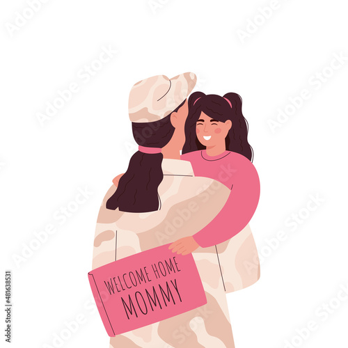 Soldier embracing daughter after returning home in the airport.Military woman or soldier dressed in camouflage clothing holding daughter. Baby girl holding poster with inscription welcome home mommy.