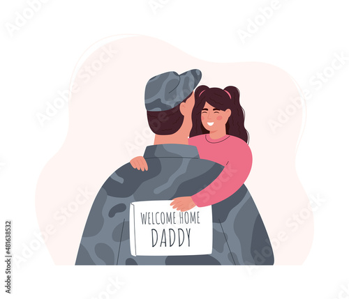 Soldier embracing daughter after returning home. Military man or soldier dressed in camouflage clothing holding daughter. Baby girl holding poster with inscription welcome home daddy.