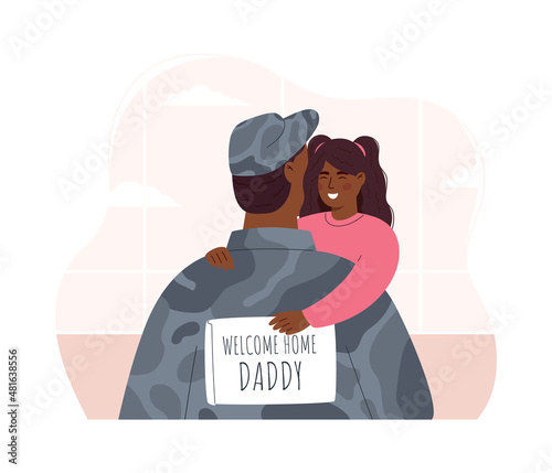 Soldier embracing daughter after returning home in the airport.Military man or soldier dressed in camouflage clothing holding daughter. Baby girl holding poster with inscription welcome home daddy.