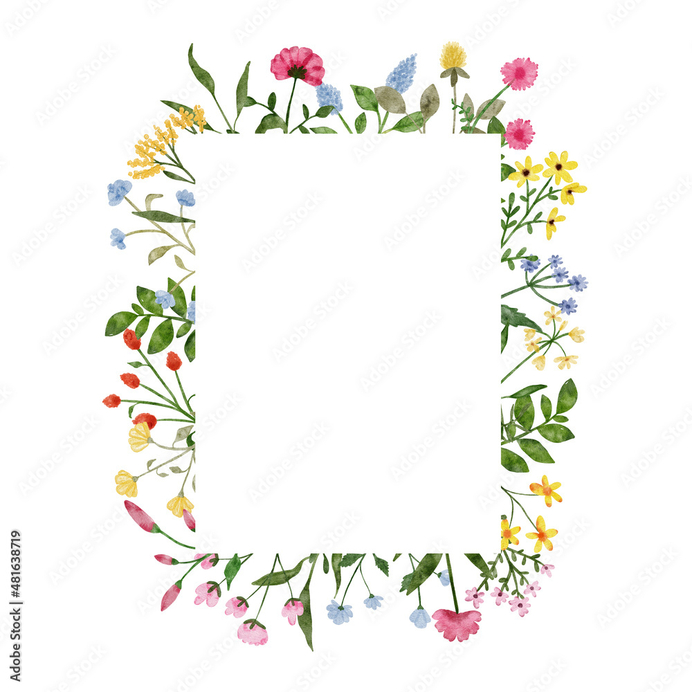 Watercolor wildflower wreath. Botanical spring summer flowers frame. Garden floral greenery wild flowers for wedding invitation. Nature wild herbs design card template illustrations - obrazy, fototapety, plakaty 