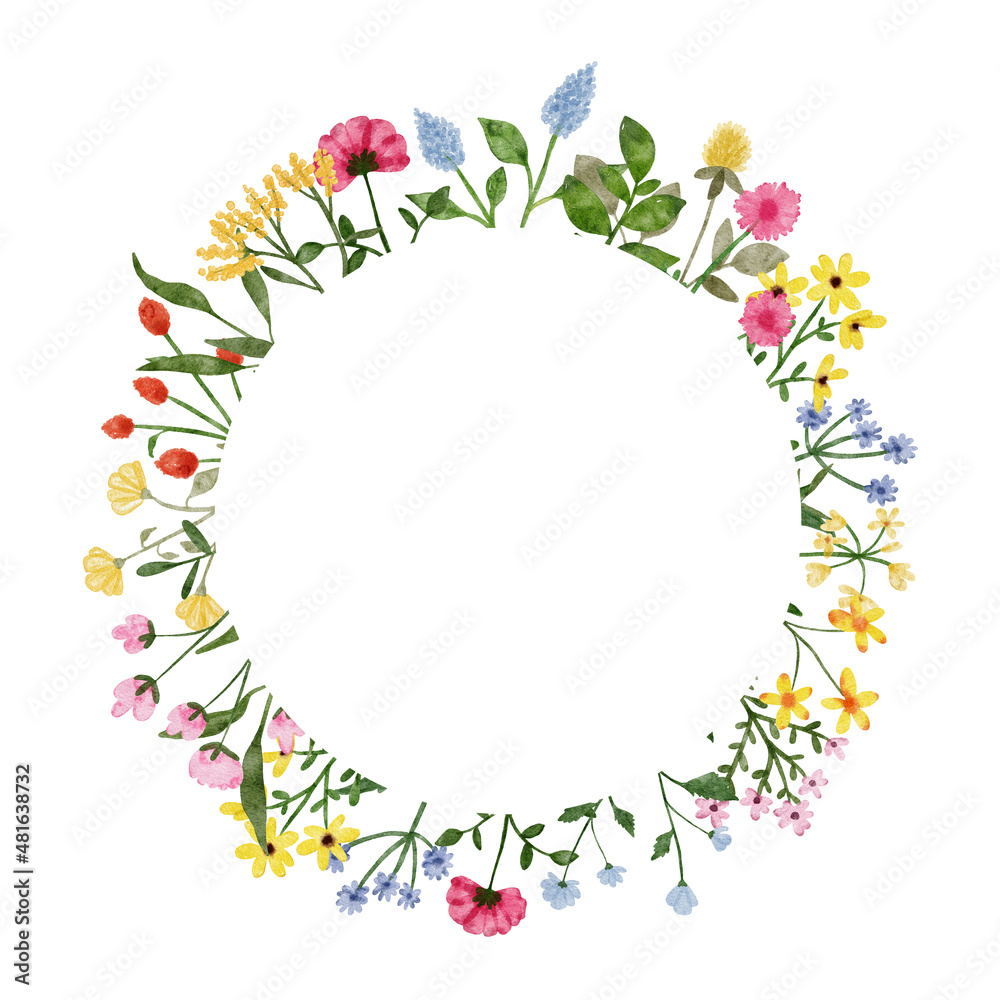 Watercolor wildflower wreath. Botanical spring summer flowers frame. Garden floral greenery wild flowers for wedding invitation. Nature wild herbs design card template illustrations