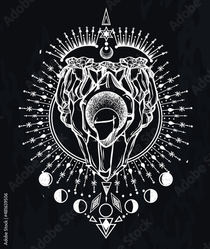 Vector illustration, magical astrology and crystals, Alchemy, spirituality and occultism, print on t-shirt, background  chalkboard, Handmade,magic symbol