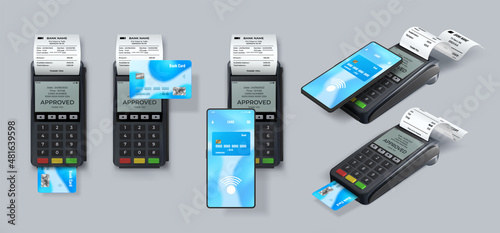 Realistic cashless payment with pos terminal, credit card and phone. Bank transaction electronic pay machine with printed receipt vector set photo