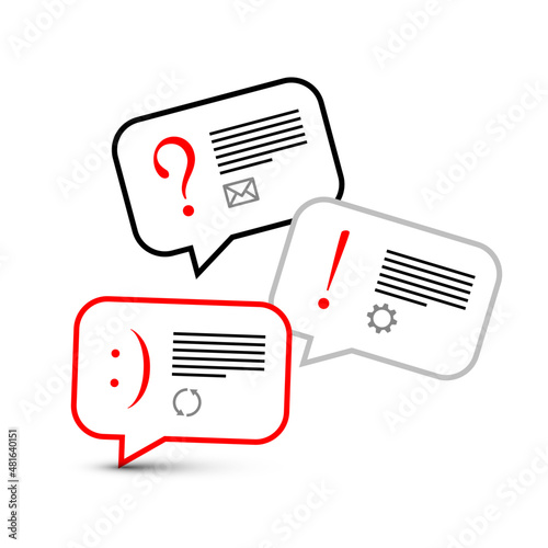 Speech bubbles with sample text and icons. Internet dialogue concept.