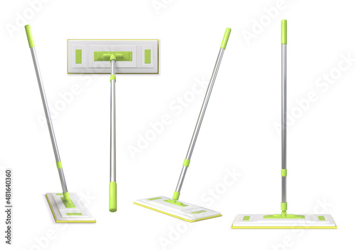 Realistic 3d floor cleaning mop with rag and plastic handle. Home surface clean up tool top and side view for product ad. Mops vector set photo