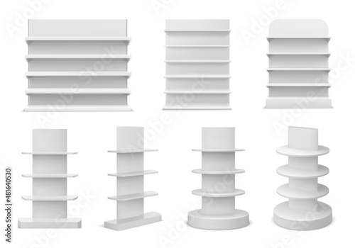 3d realistic white supermarket shelving display and bookstore racks. Empty market, shop or store shelf. Promotion stand mockup vector set photo
