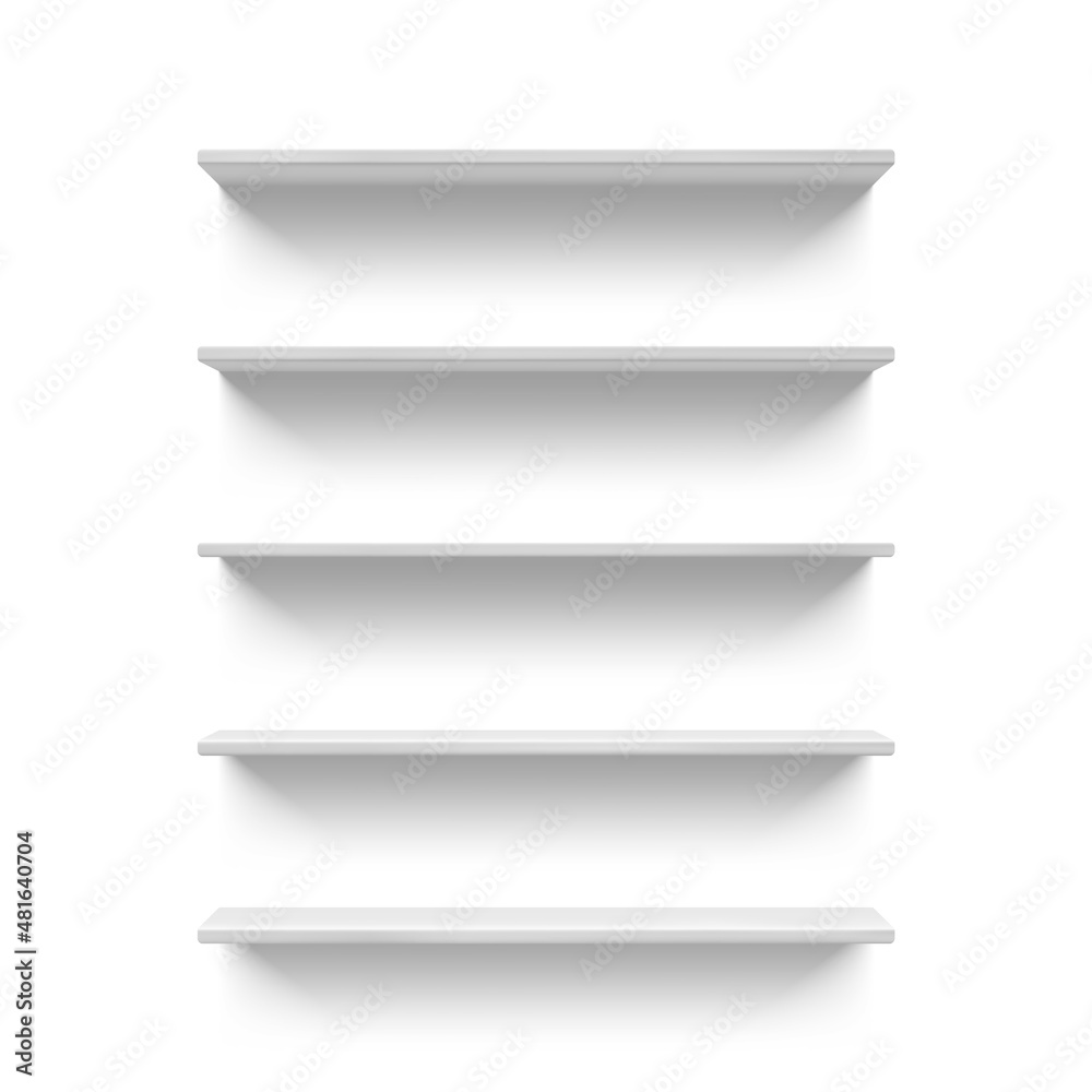 Realistic empty white store or shop shelves for books. 3D retail wall shelf  display front view. Supermarket storage racks vector mock up. vector de  Stock | Adobe Stock