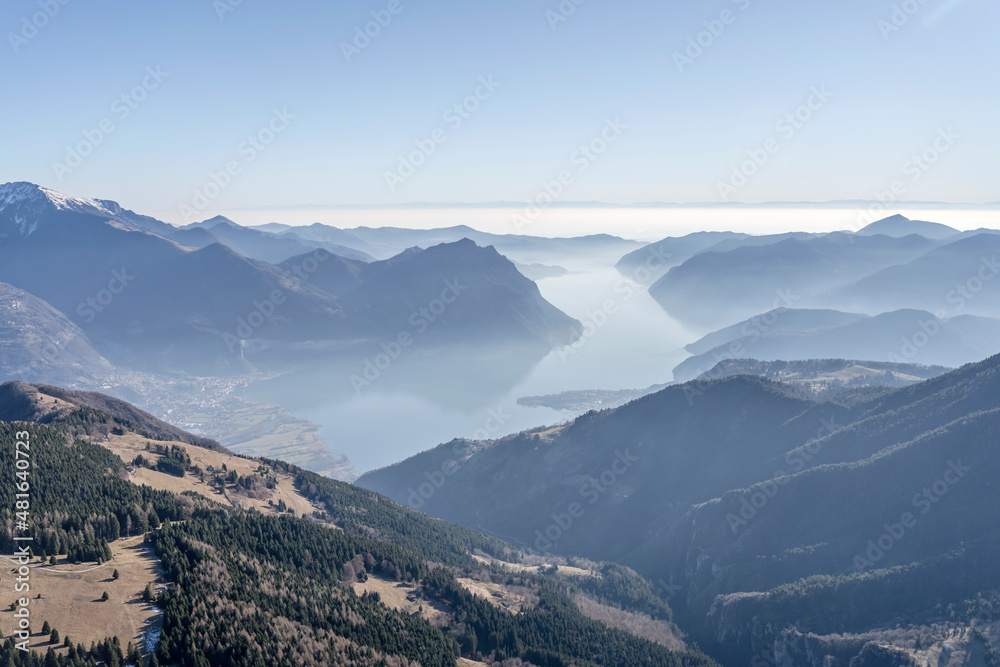aerial landscape of Sebino lake from north,  Orobie, Italy
