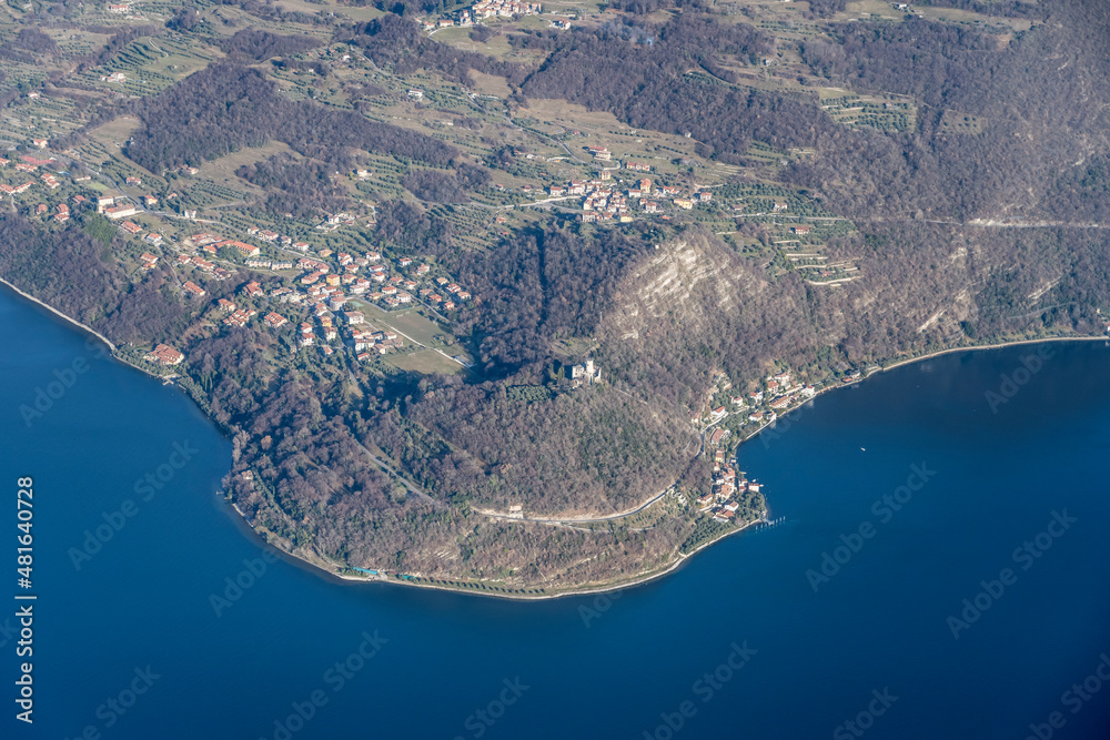 aerial landscape with Rocca Martinengo tower at Sensole village on Montisola island,  Brescia, Italy