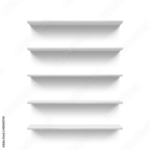 Realistic empty white store or shop shelves for books. 3D retail wall shelf display front view. Supermarket storage racks vector mock up.