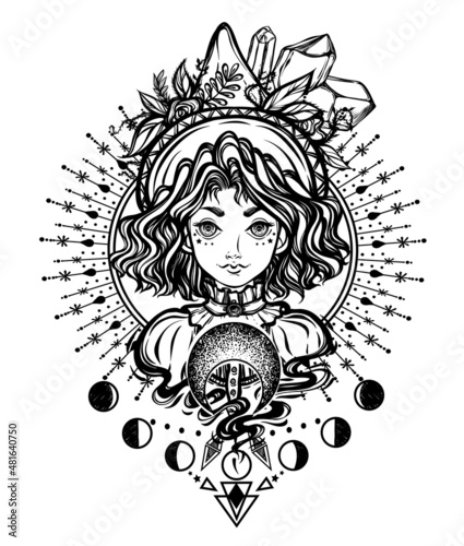 Vector illustration, witch, magical astrology and crystals, fortune teller, spirituality and occultism, print on t-shirt, tattoo, Handmade