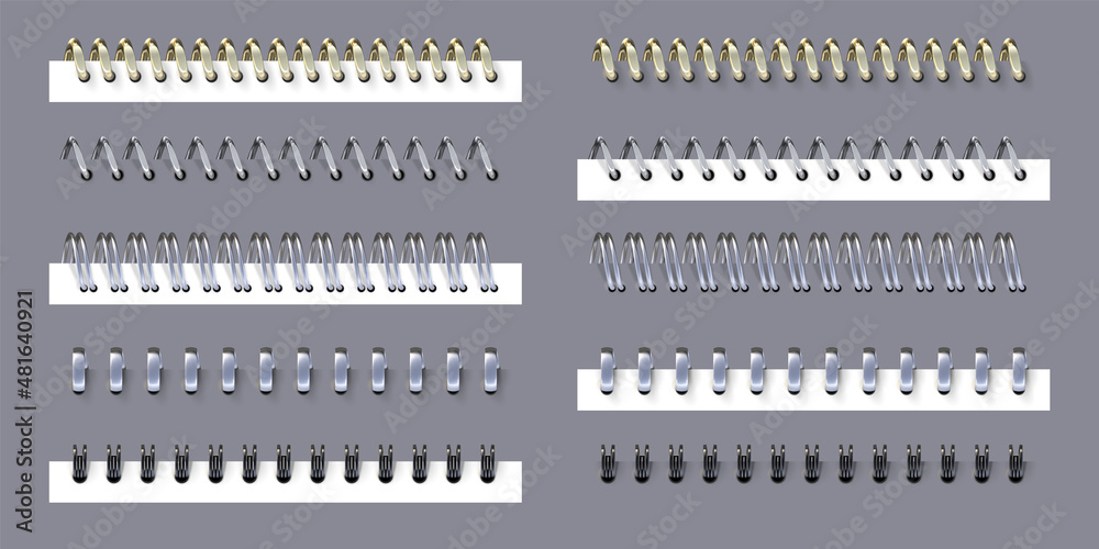 Realistic metal spiral and ring binders for notebook or calendar. 3D black, steel and gold spring or wire coil bind paper pages vector set