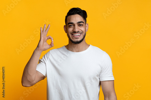 Cheerful arab guy showing okay gesture and smiling