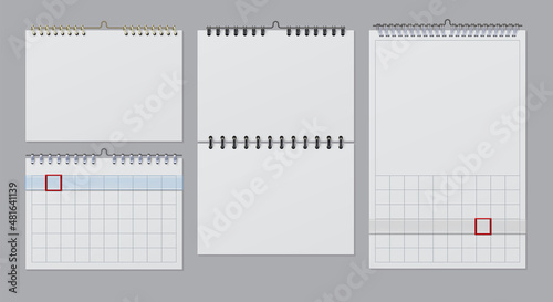 Realistic blank wall calendars mockups with spiral and table. Paper calendar with bind wire rings and white pages. 3d callender vector set