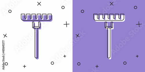 Set Garden rake icon isolated on white and purple background. Tool for horticulture, agriculture, farming. Ground cultivator. Housekeeping equipment. Vector