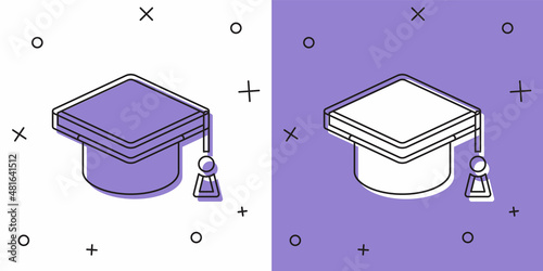 Set Graduation cap icon isolated on white and purple background. Graduation hat with tassel icon. Vector