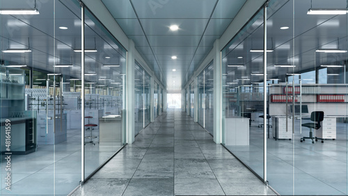 Light long hallway in laboratory interior. 3d illustration