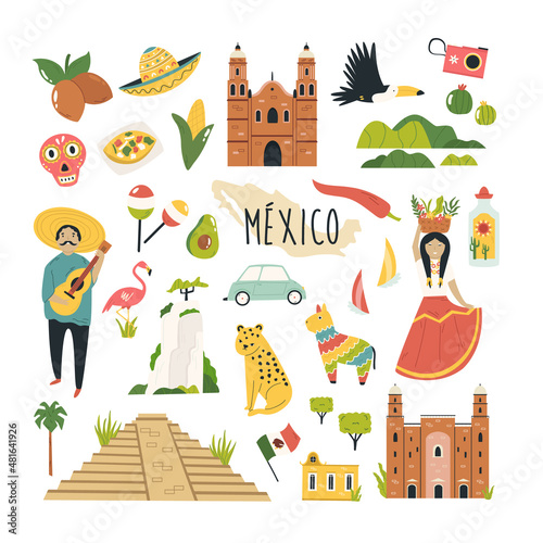 Tourist abstract design with famous destinations and landmarks of Mexico