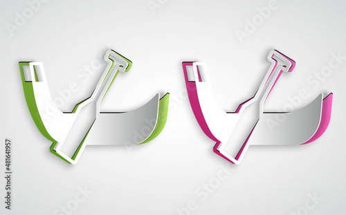 Paper cut Gondola boat italy venice icon isolated on grey background. Tourism rowing transport romantic. Paper art style. Vector
