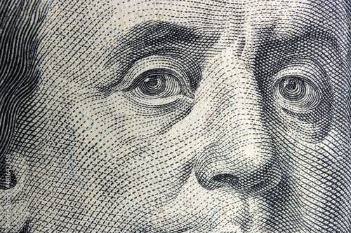 Benjamin Franklin portrait from hundred dollar bill, macro photo