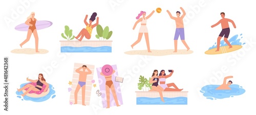 People at summer vacation, swimming, surfing and sunbathing at sea beach. Man and woman characters in swimsuits play volleyball vector set