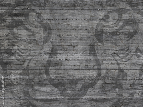 Big grey background with tiger face. Cement or concrete rough surface. Destroyed irregular wall. Best for loft design or wallpaper. 