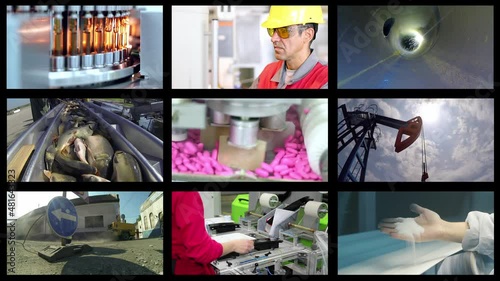 Industrial Production And Productivity Growth - Animated Multi Screen Video Montage. Employment And Labor Concept. Collage of Video Clips Showing People of Different Professions at Work.