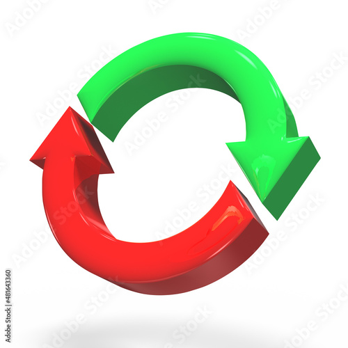 3d zwei Pfeile rot und grün im Kreis, isoliert