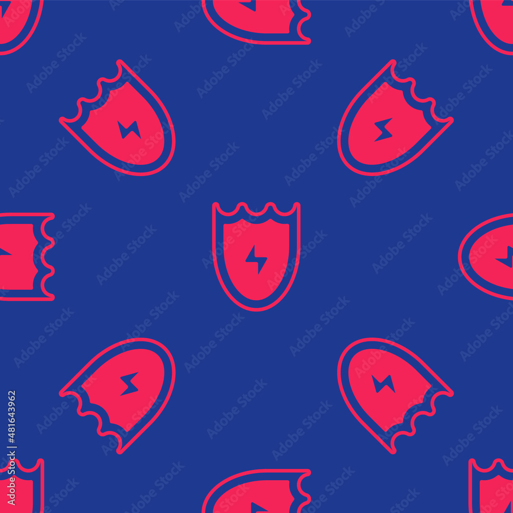 Red Lightning and shield icon isolated seamless pattern on blue background. High voltage shield. Safe energy. Vector