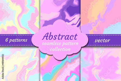 Iridescent fluid marbled holographic texture set in vibrant neon and pastel colors. Trippy and distorted image, psychedelic hippie style. Vector illustration.