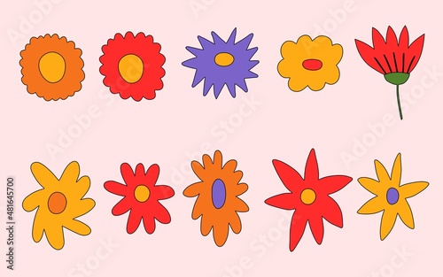 vector set collection of hippie flowers.Summer psychedelic plants in 70s and 80s style. Vibrant groovy and funky botanic.Kidcore rainbow tattoo stickers.Vintage festive spring colorful nostalgia